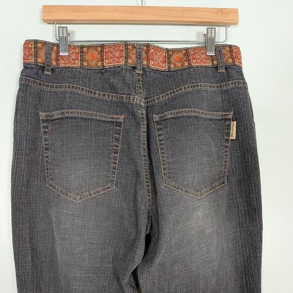 Y2K Cropped Jeans 14 Black Denim Capri Embroidered Boho Floral Ankle Tapestry - Picture 6 of 8